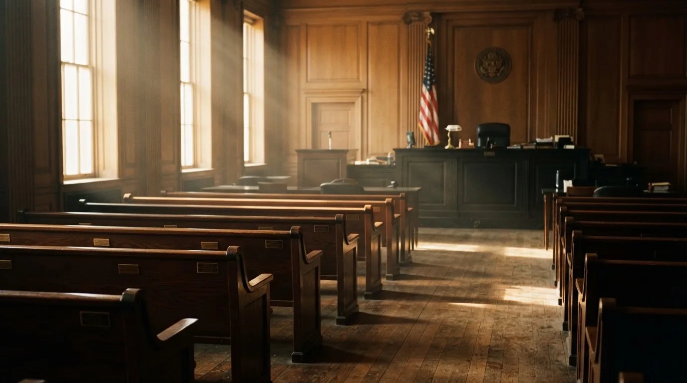 An empty courtroom with wooden benches in morning light