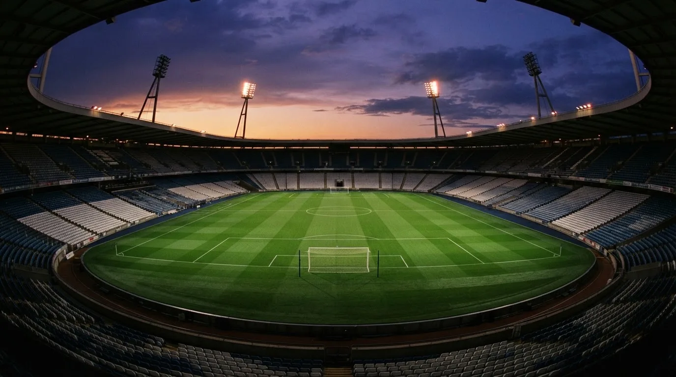 An empty football stadium with floodlight masts at dusk