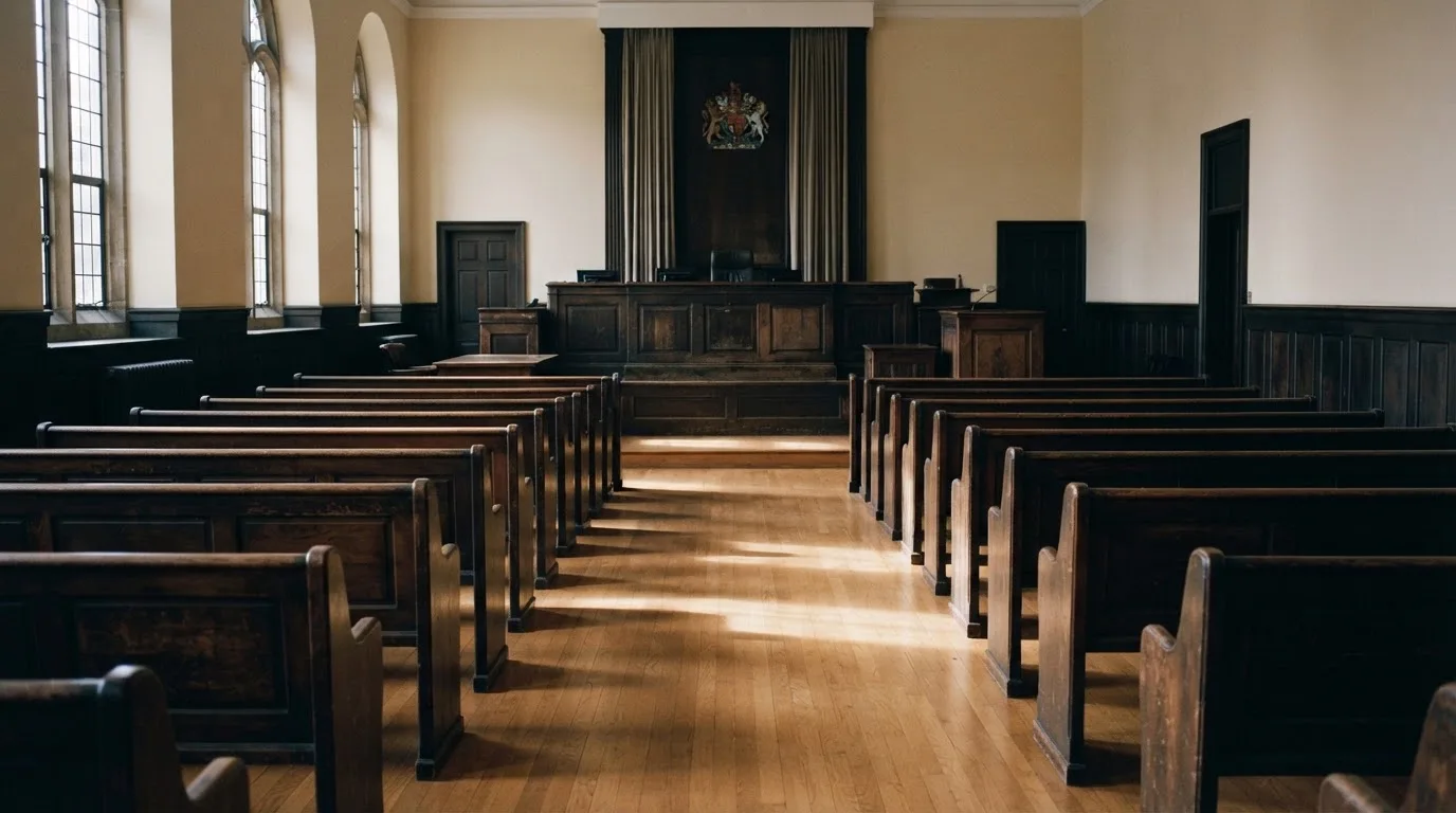 An empty courtroom with wooden benches in morning light
