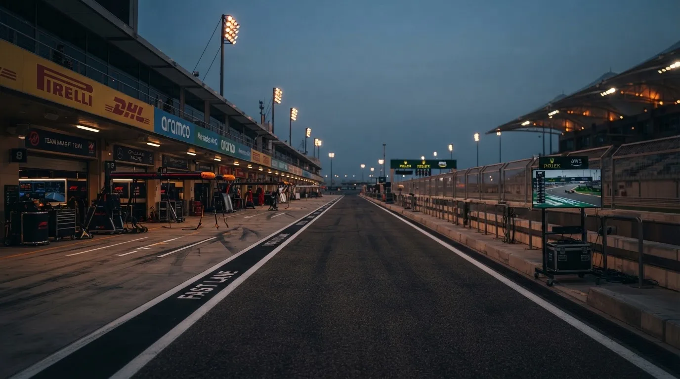 An empty football stadium with floodlight masts at dusk