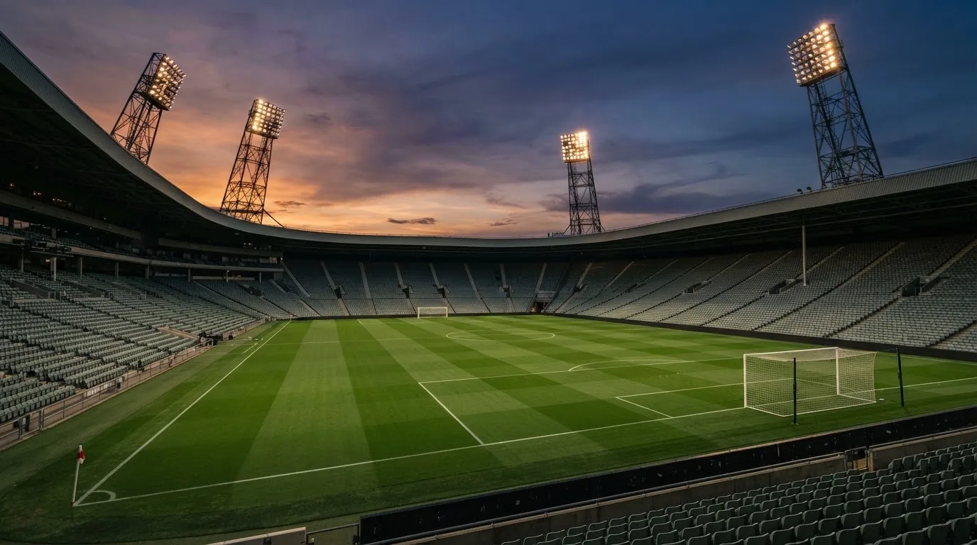 An empty football stadium with floodlight masts at dusk