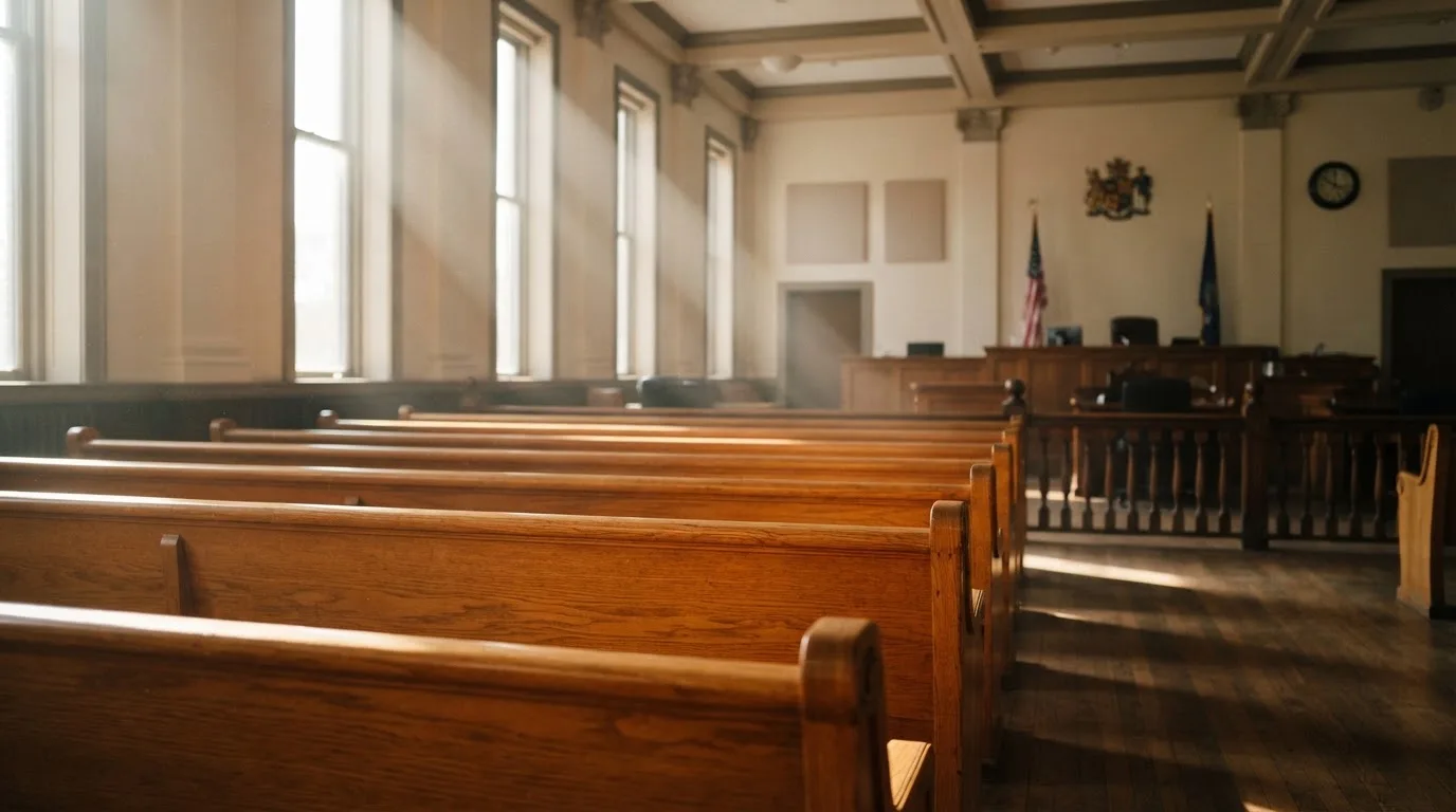 An empty courtroom with wooden benches in morning light
