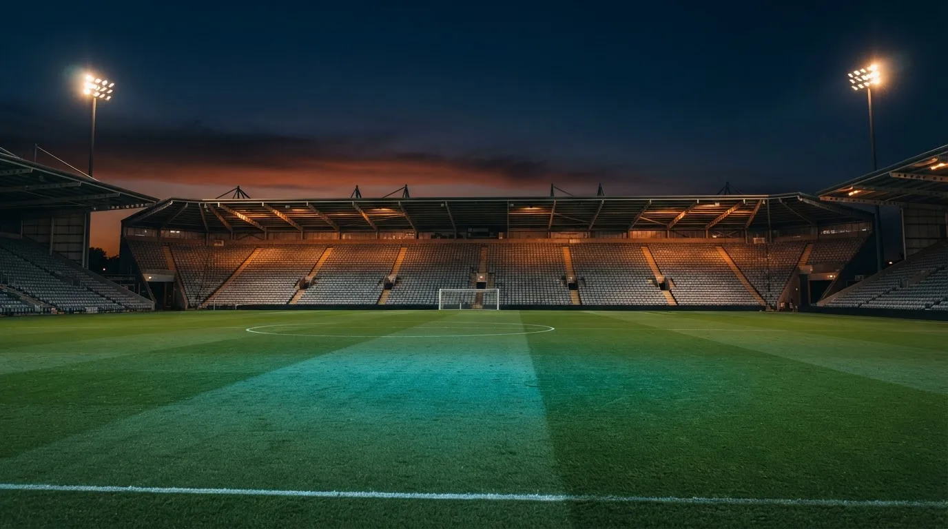 An empty football stadium with floodlight masts at dusk