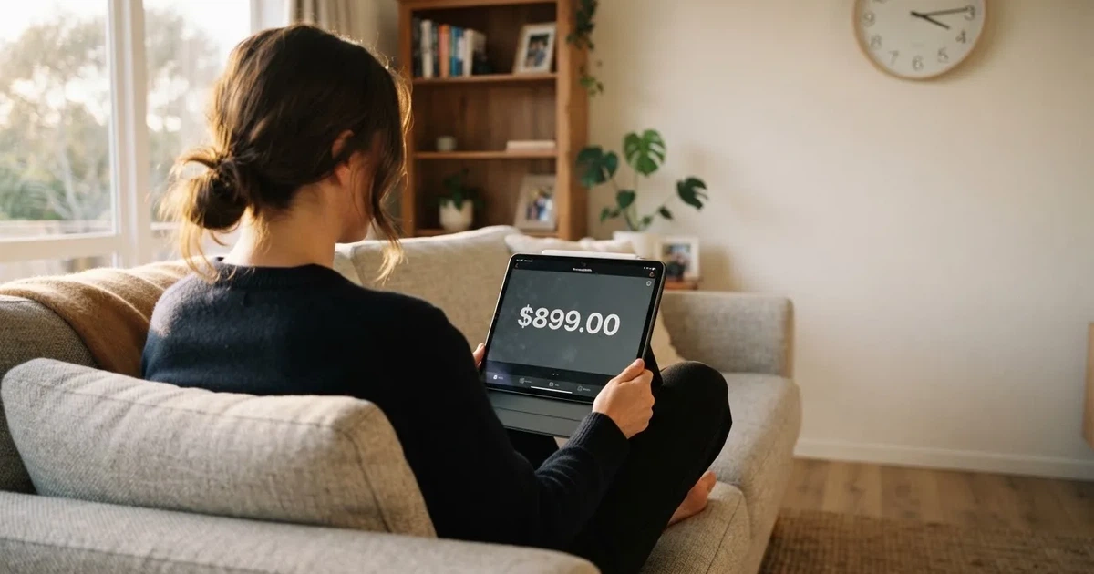 A person on a sofa looking thoughtfully at a tablet, a wall clock in the background