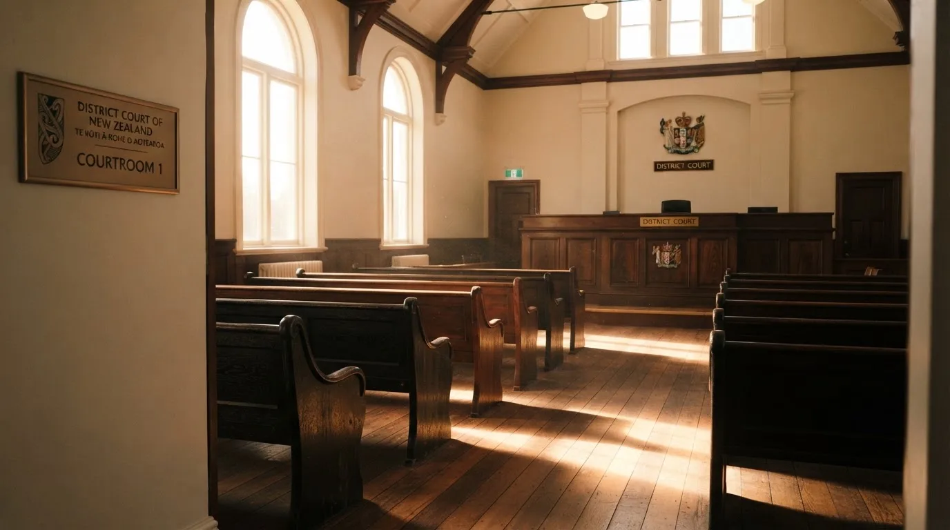 An empty courtroom with wooden benches in morning light