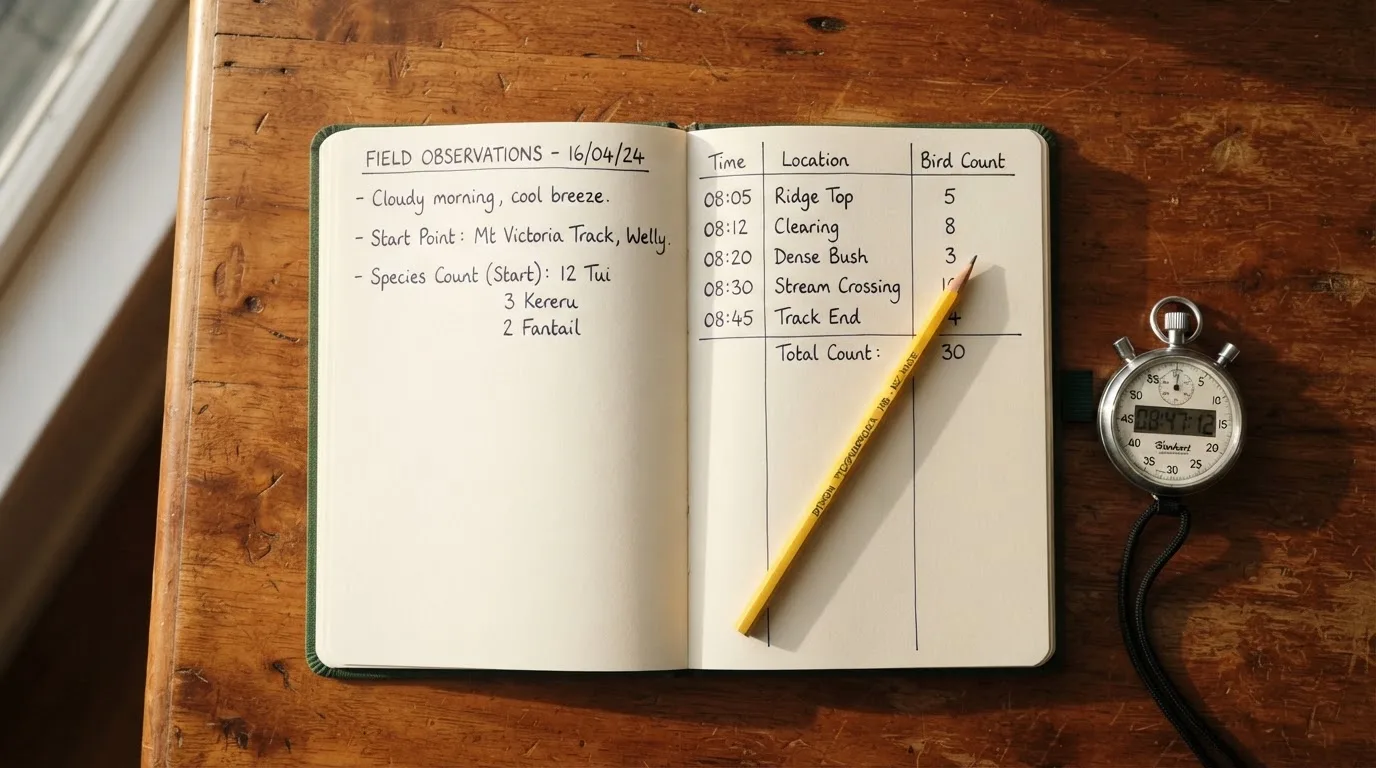 An open notebook with a pencil and a stopwatch on a wooden table