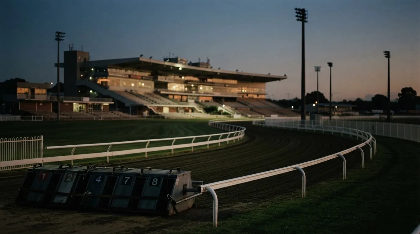 An empty football stadium with floodlight masts at dusk