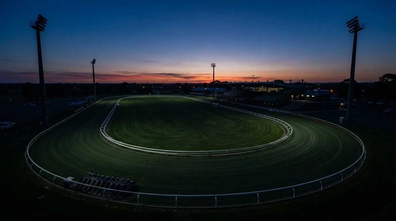 An empty football stadium with floodlight masts at dusk