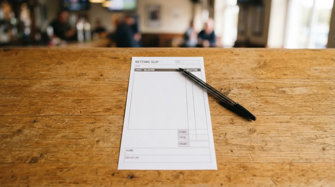 A blank paper betting slip beside a pen on a wooden counter
