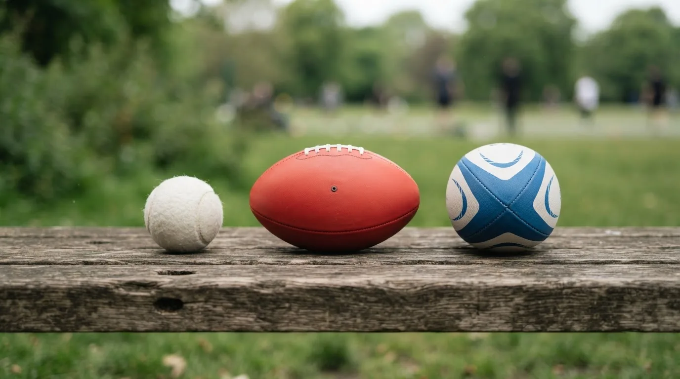 Three balls of different kinds side by side on a wooden bench