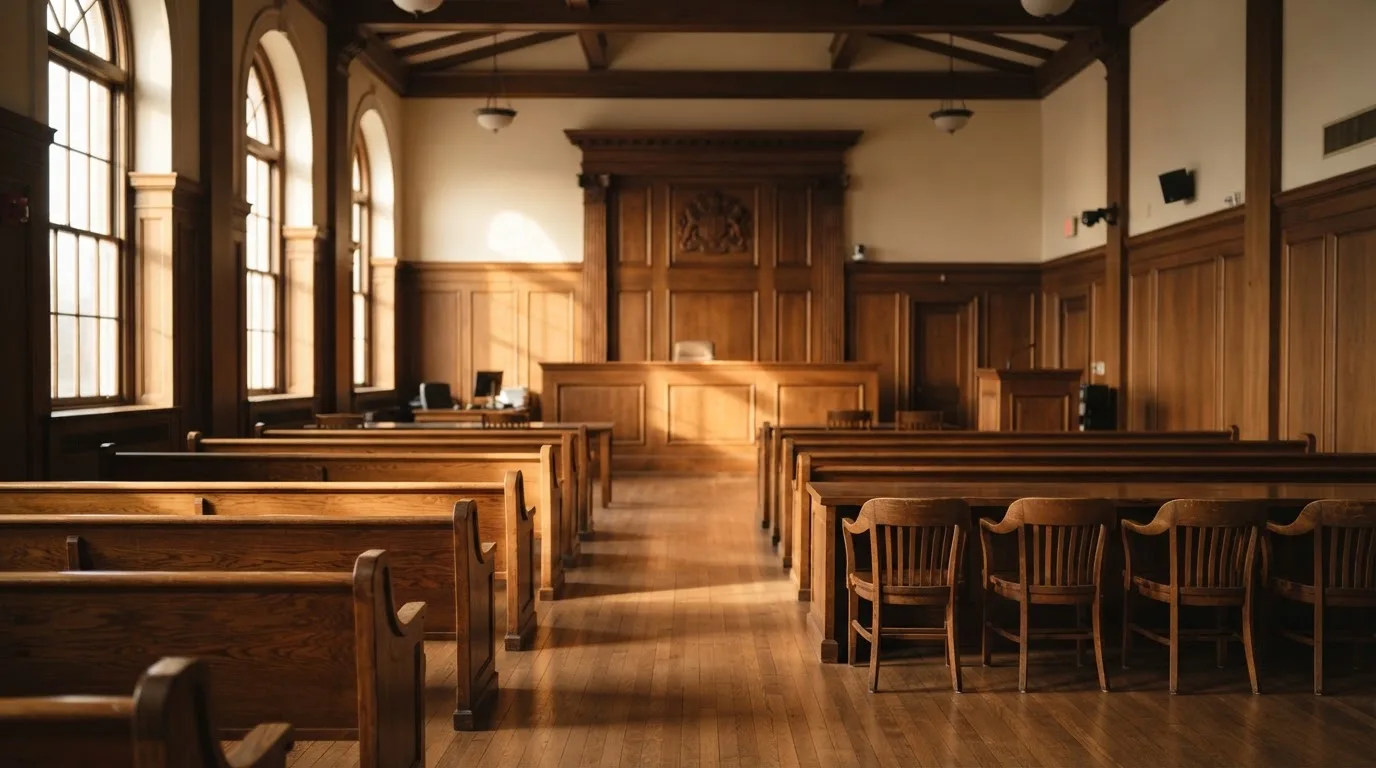 An empty courtroom with wooden benches in morning light