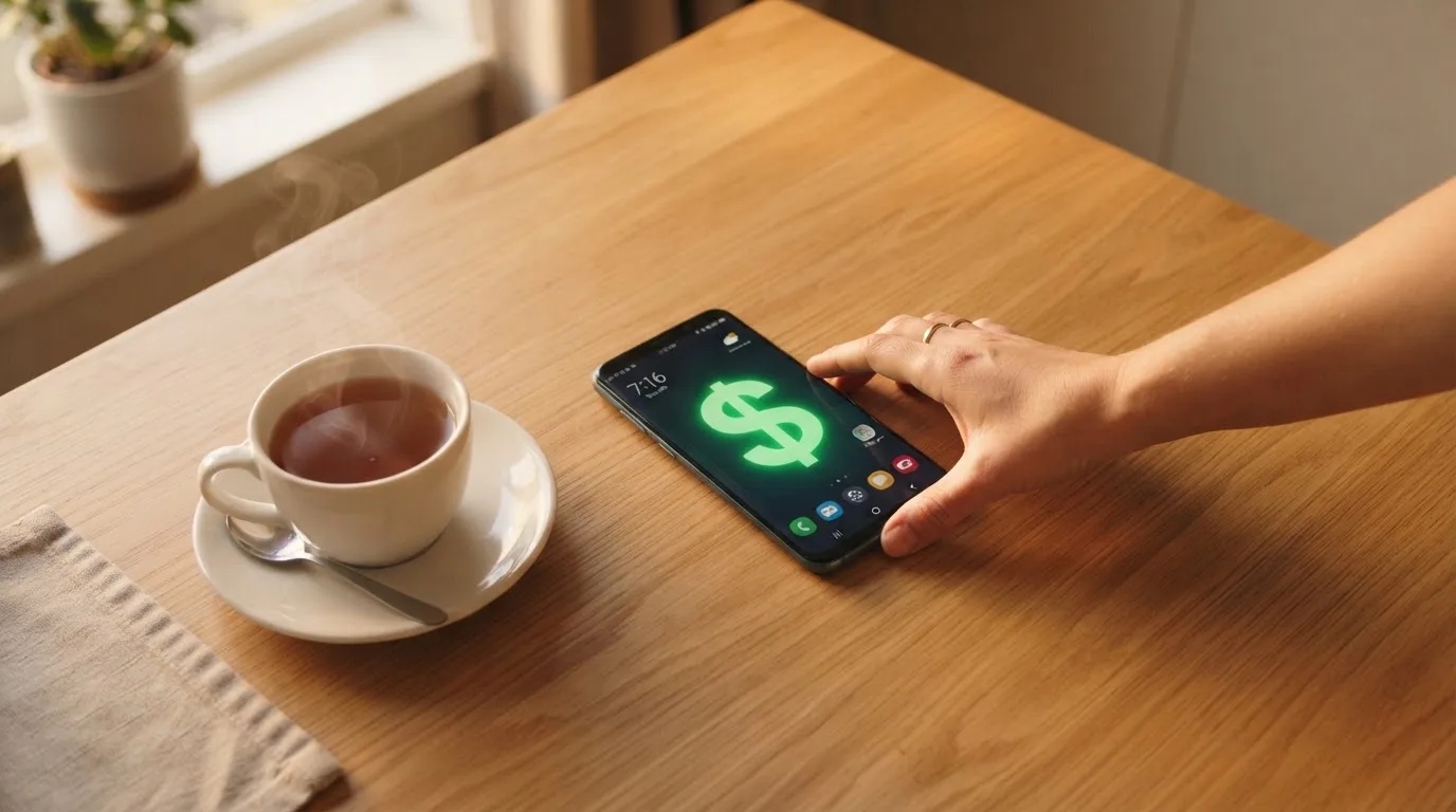 A hand setting a smartphone down beside a cup of tea on a kitchen table on a quiet evening