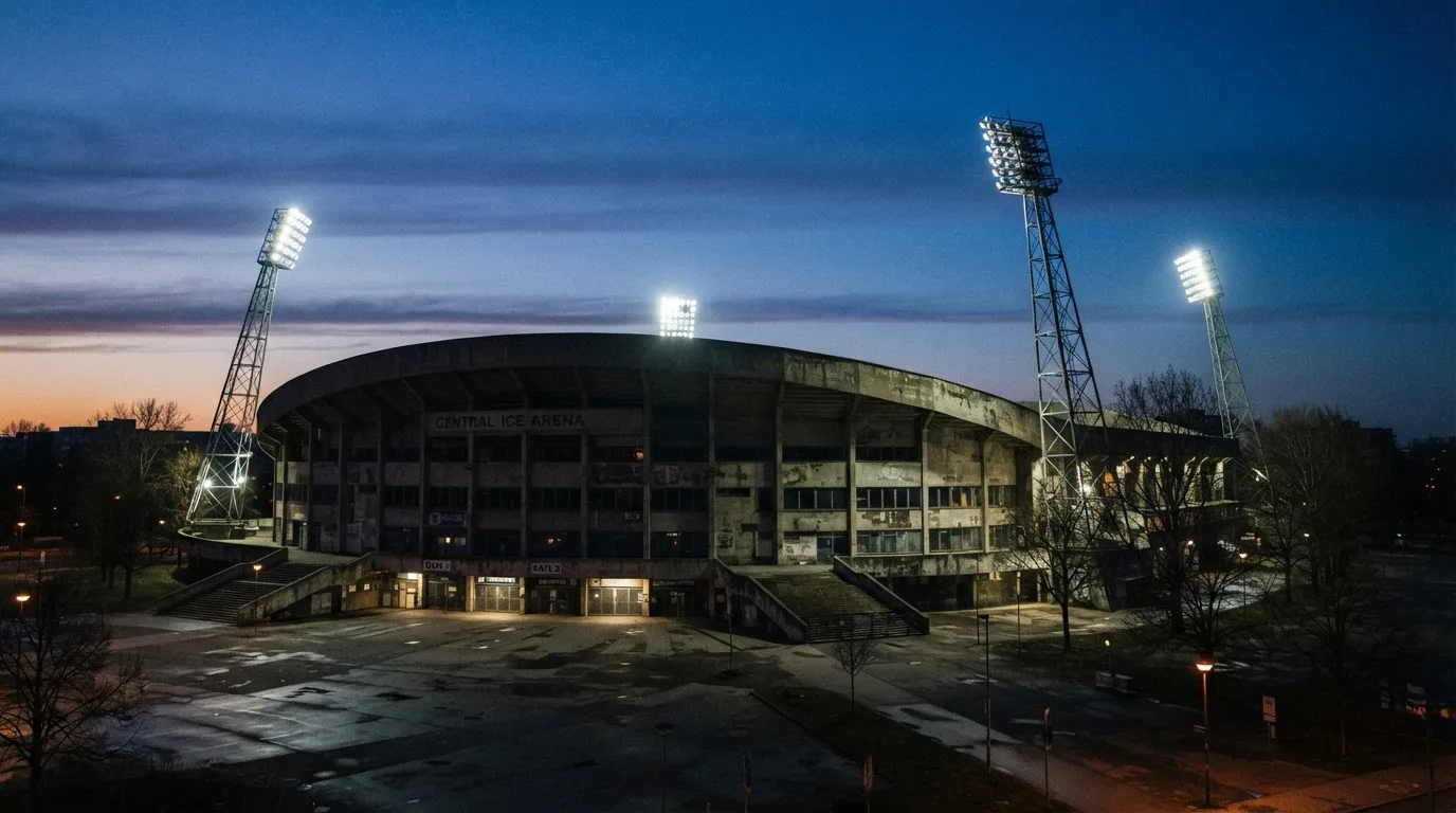An empty football stadium with floodlight masts at dusk