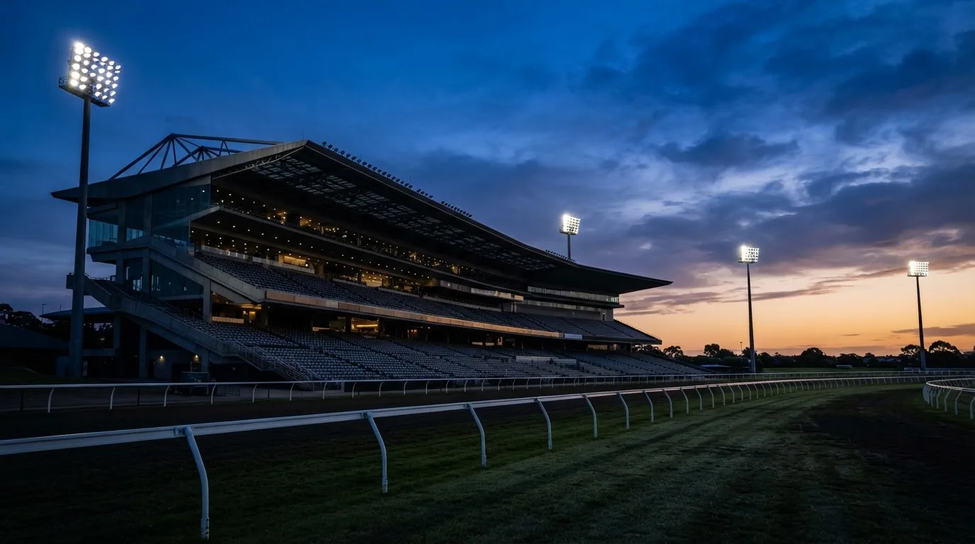 An empty football stadium with floodlight masts at dusk