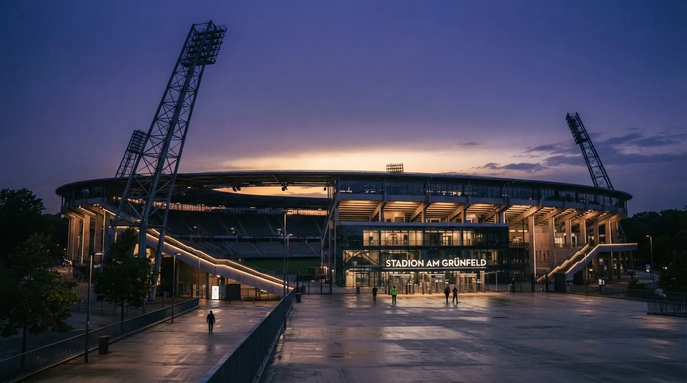 An empty football stadium with floodlight masts at dusk