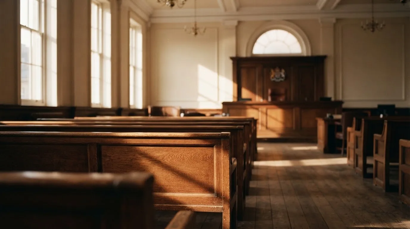 An empty courtroom with wooden benches in morning light