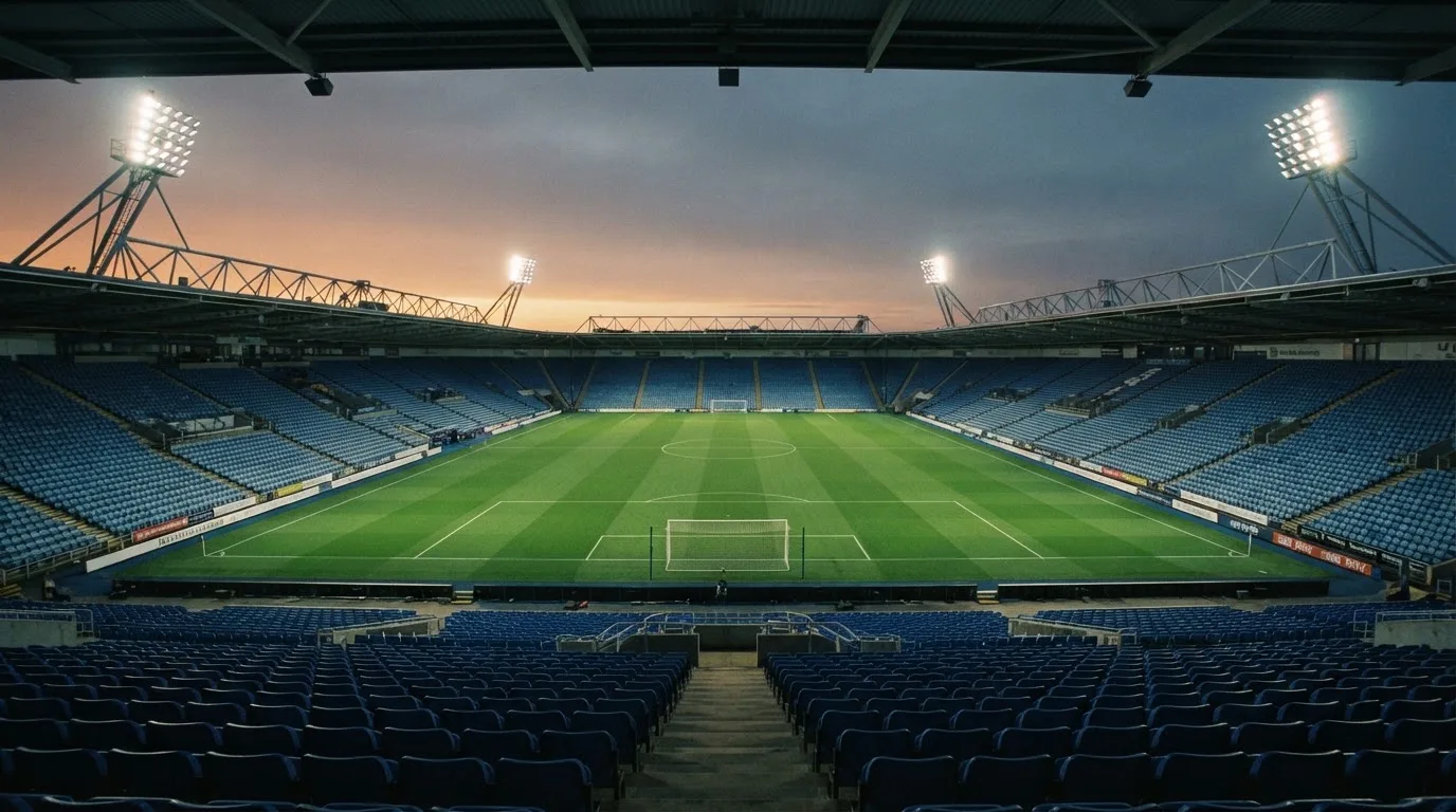 An empty football stadium with floodlight masts at dusk