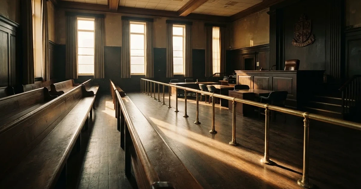 An empty courtroom with wooden benches in morning light