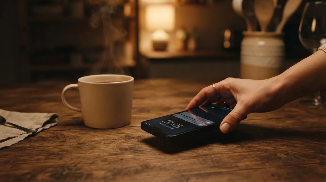 A hand setting a smartphone down beside a cup of tea on a kitchen table on a quiet evening