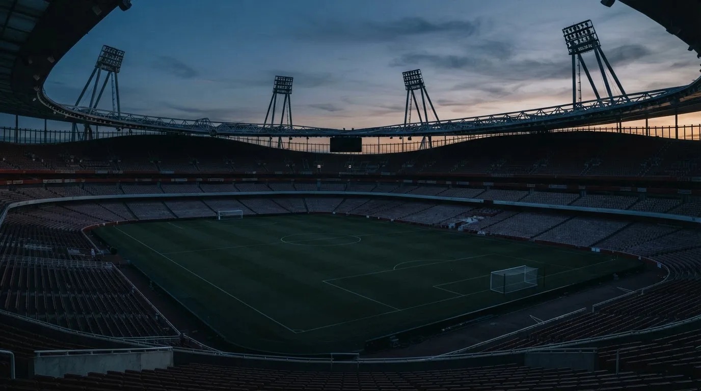 An empty football stadium with floodlight masts at dusk