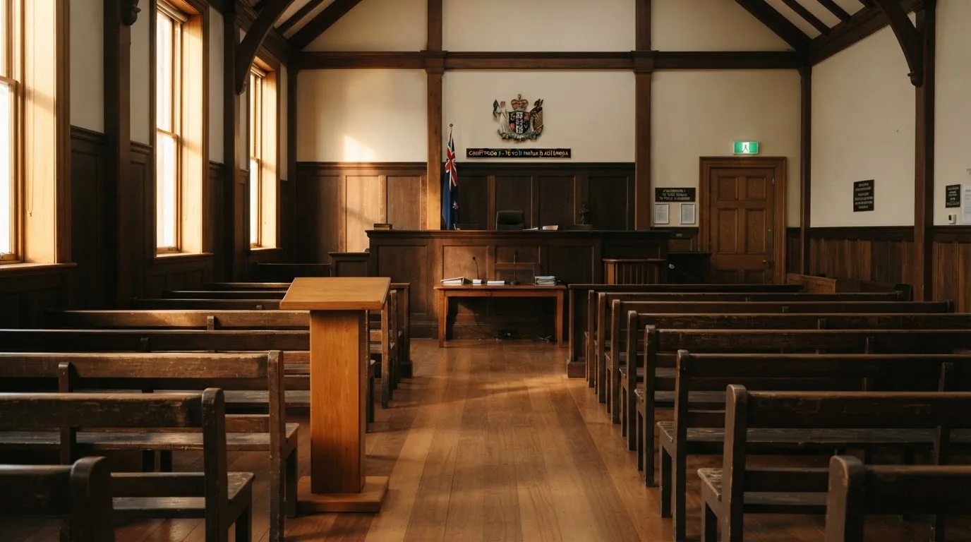 An empty courtroom with wooden benches in morning light