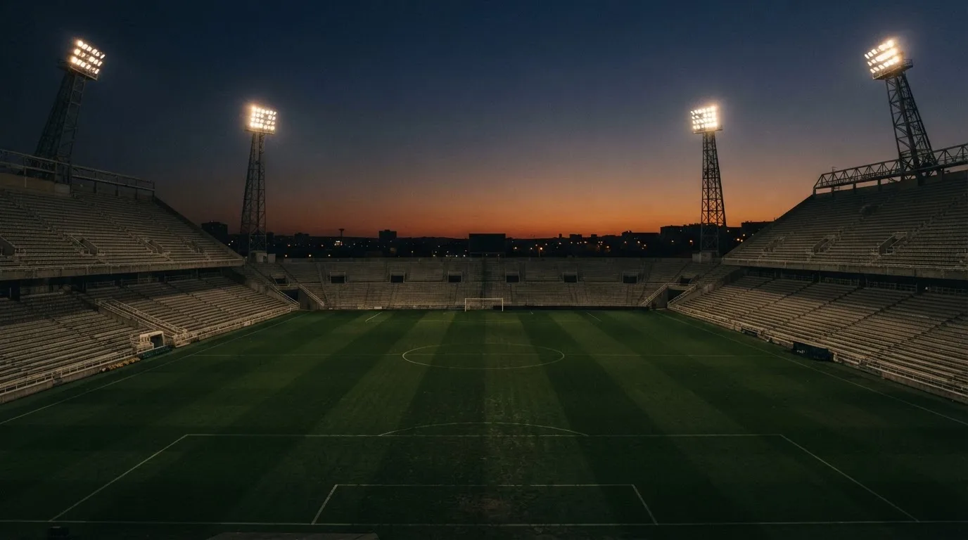 An empty football stadium with floodlight masts at dusk