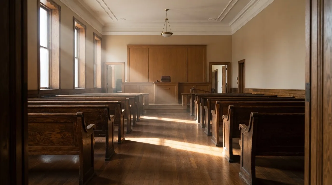 An empty courtroom with wooden benches in morning light