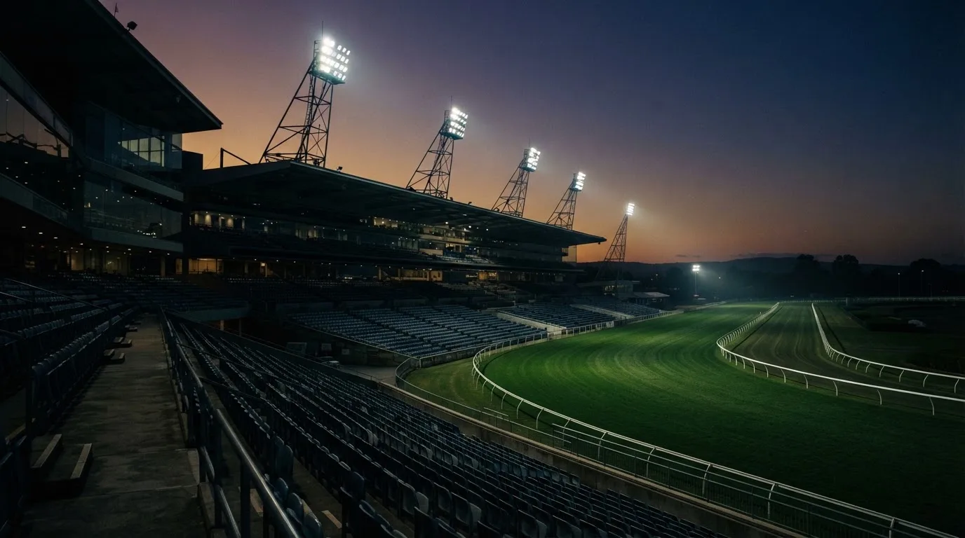An empty football stadium with floodlight masts at dusk