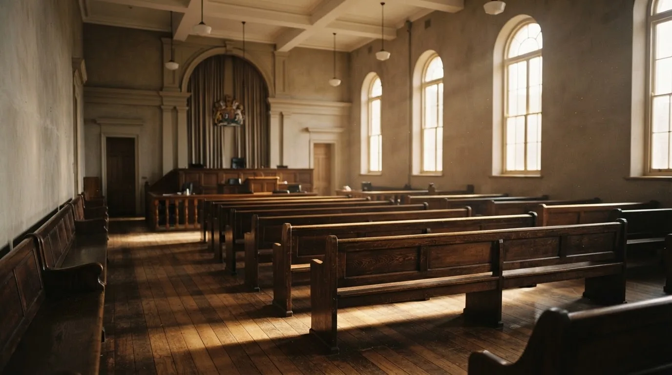 An empty courtroom with wooden benches in morning light