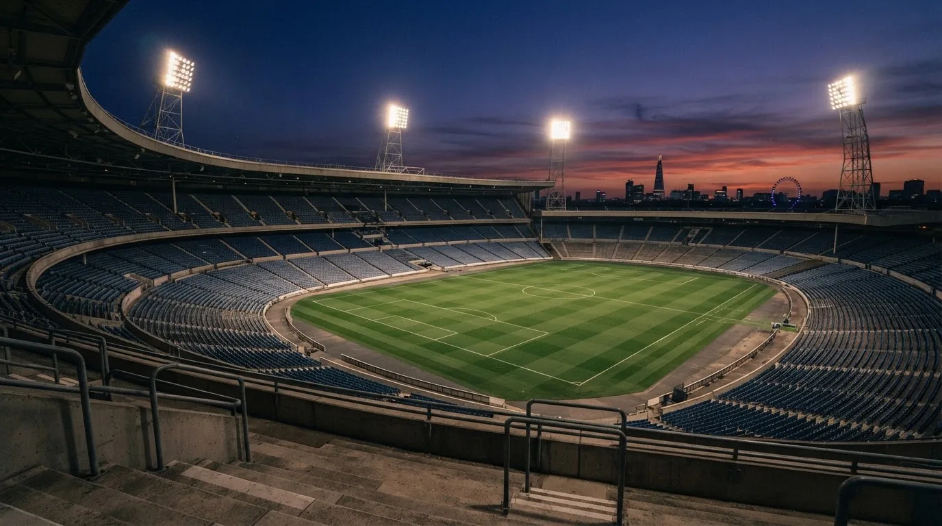 An empty football stadium with floodlight masts at dusk
