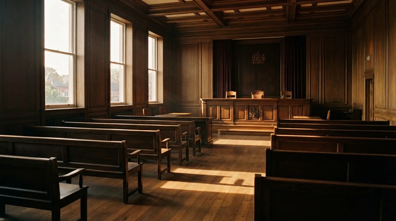 An empty courtroom with wooden benches in morning light