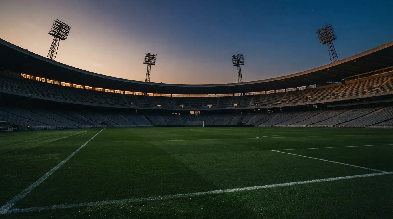 An empty football stadium with floodlight masts at dusk