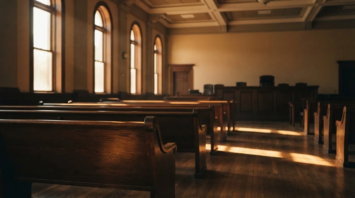 An empty courtroom with wooden benches in morning light