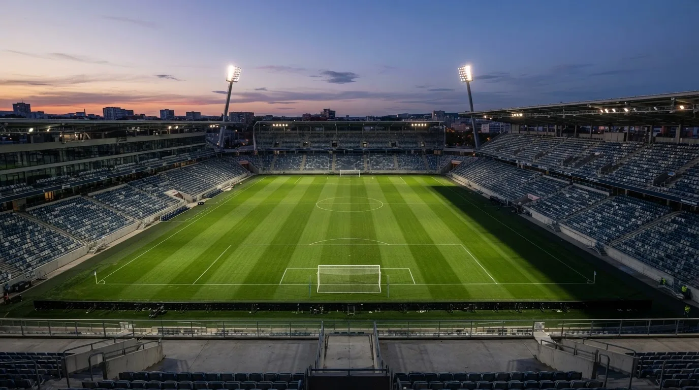 An empty football stadium with floodlight masts at dusk