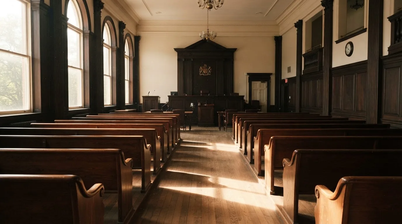 An empty courtroom with wooden benches in morning light