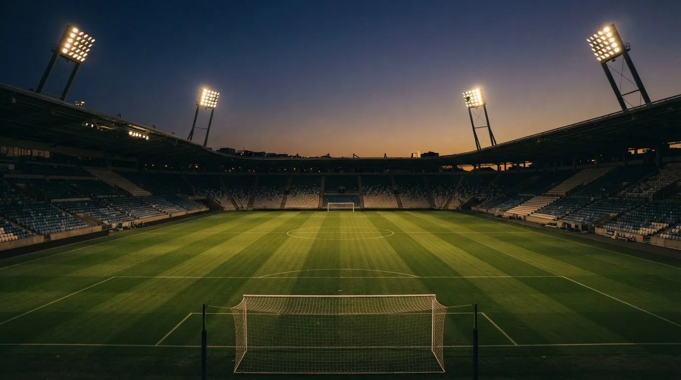 An empty football stadium with floodlight masts at dusk