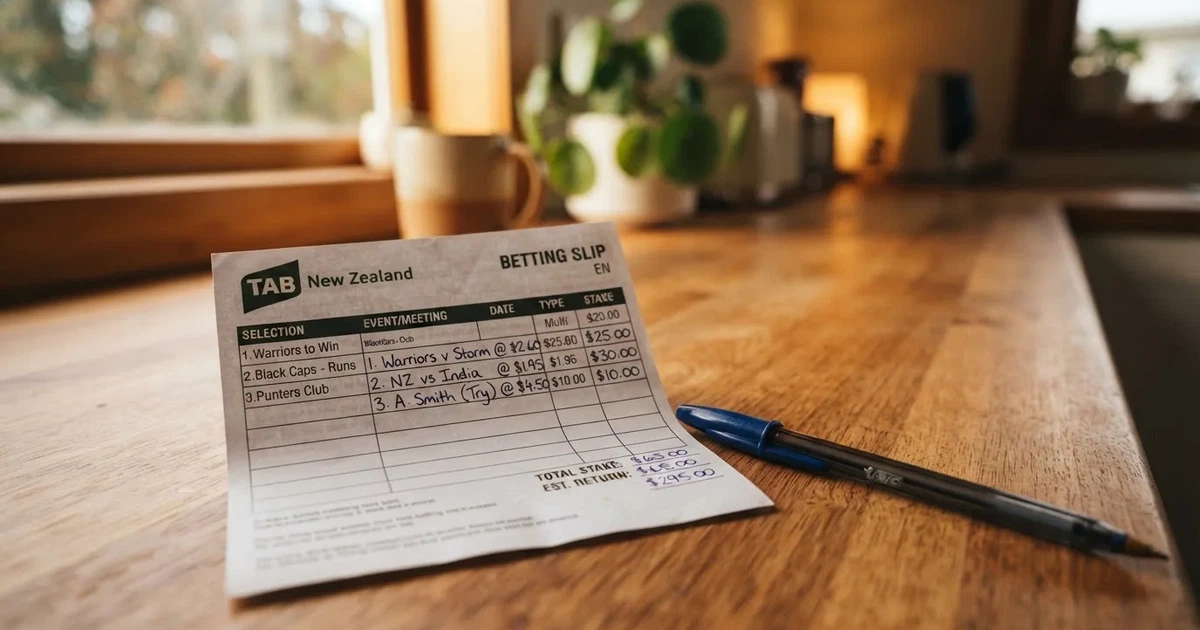 A blank paper betting slip beside a pen on a wooden counter