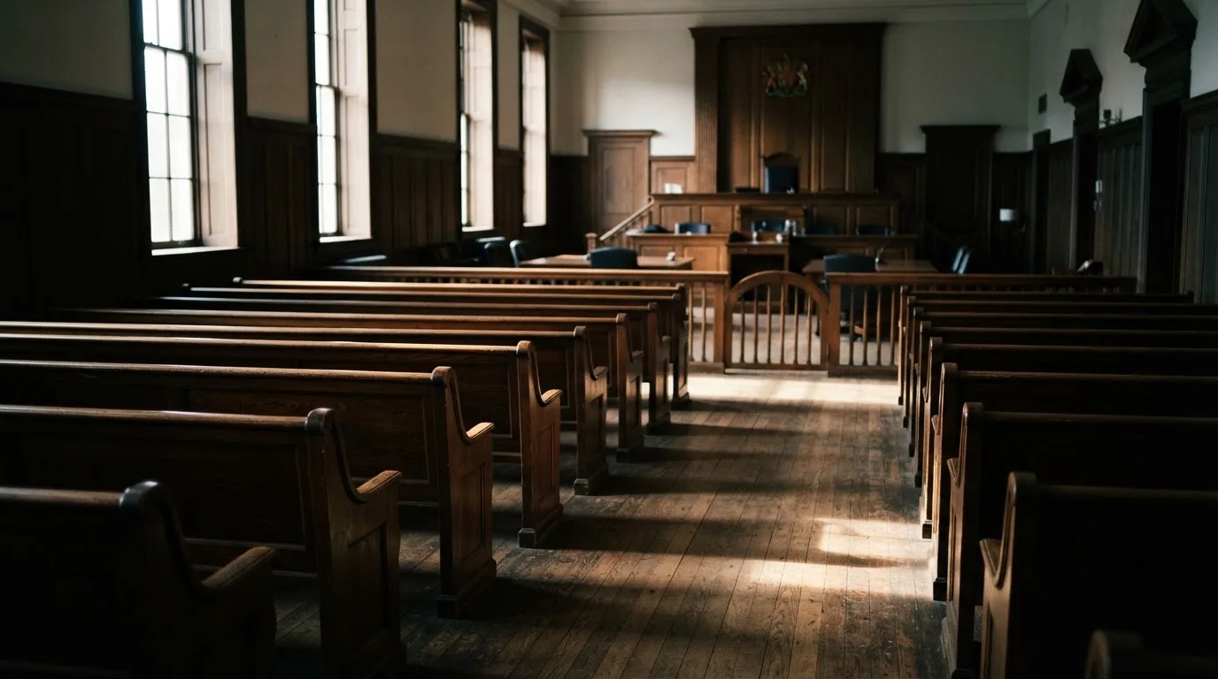 An empty courtroom with wooden benches in morning light