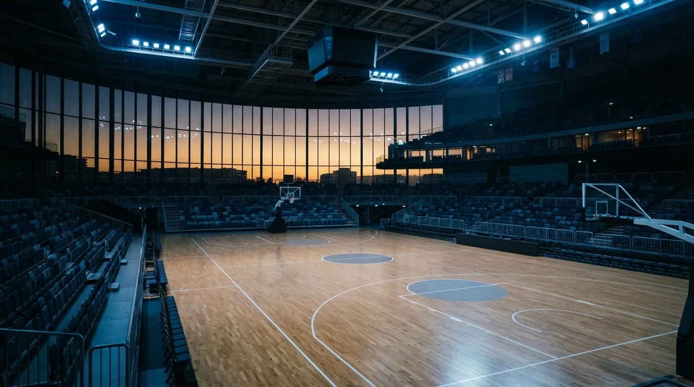 An empty football stadium with floodlight masts at dusk