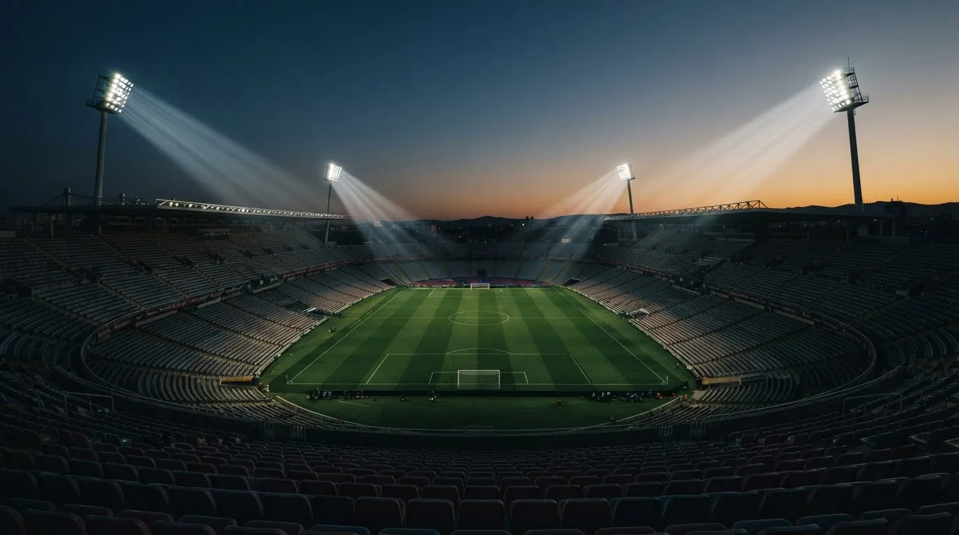 An empty football stadium with floodlight masts at dusk