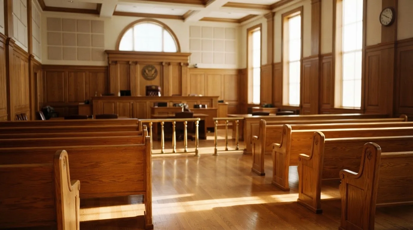 An empty courtroom with wooden benches in morning light