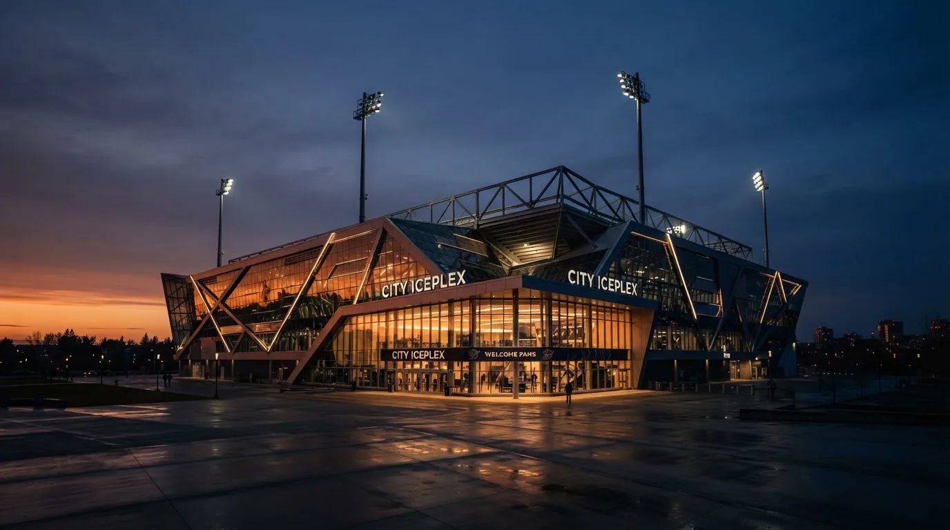 An empty football stadium with floodlight masts at dusk
