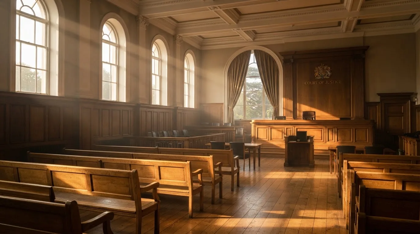 An empty courtroom with wooden benches in morning light