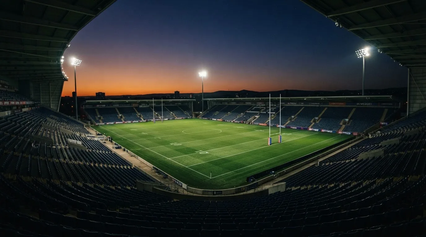 An empty football stadium with floodlight masts at dusk