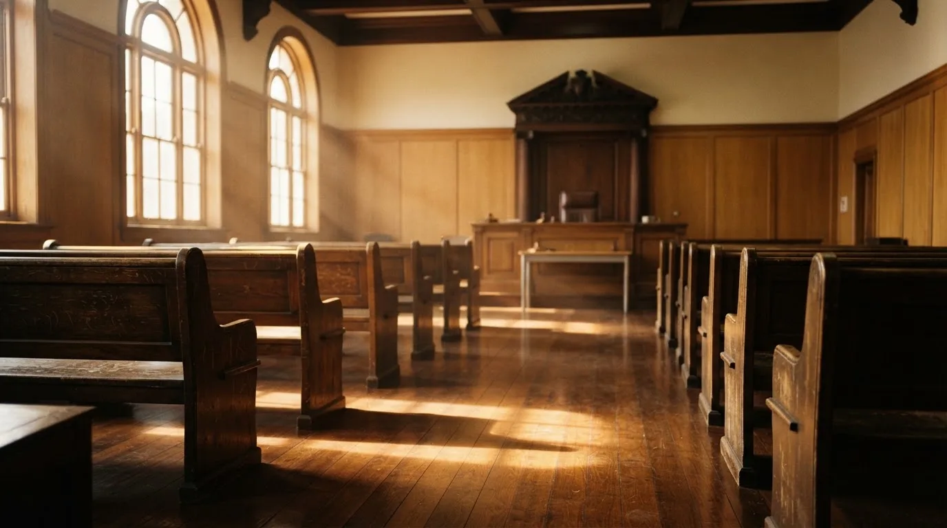 An empty courtroom with wooden benches in morning light