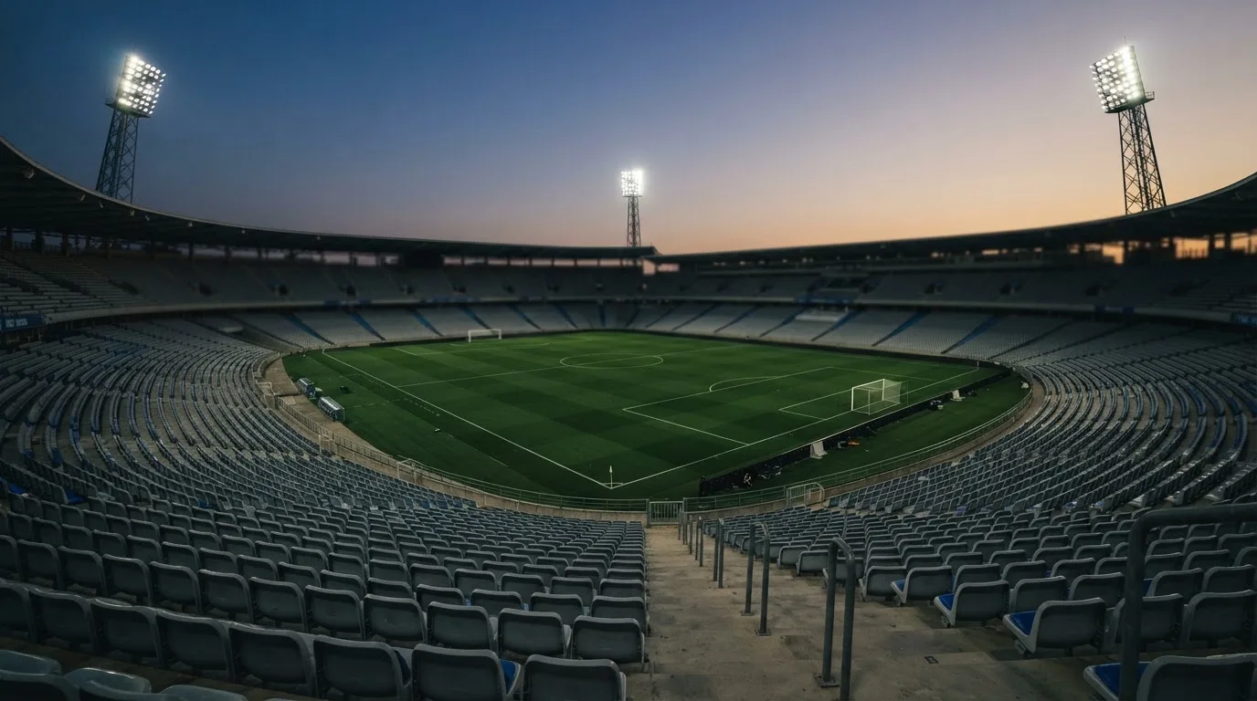 An empty football stadium with floodlight masts at dusk