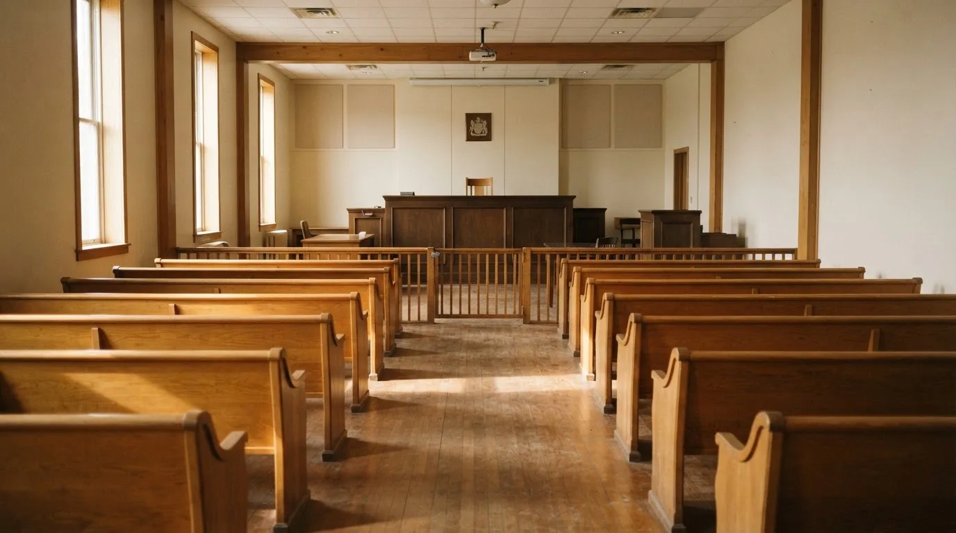 An empty courtroom with wooden benches in morning light