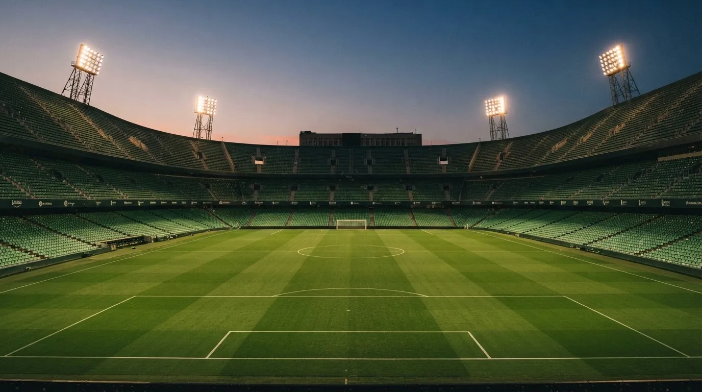 An empty football stadium with floodlight masts at dusk