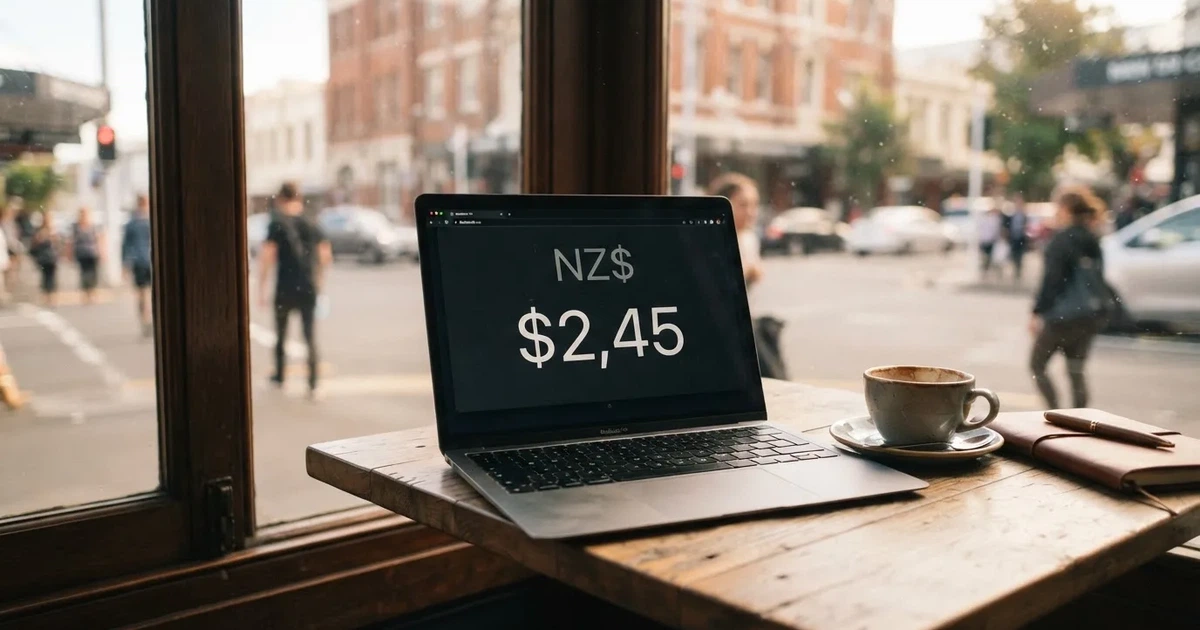 A laptop on a café table by a window onto the street