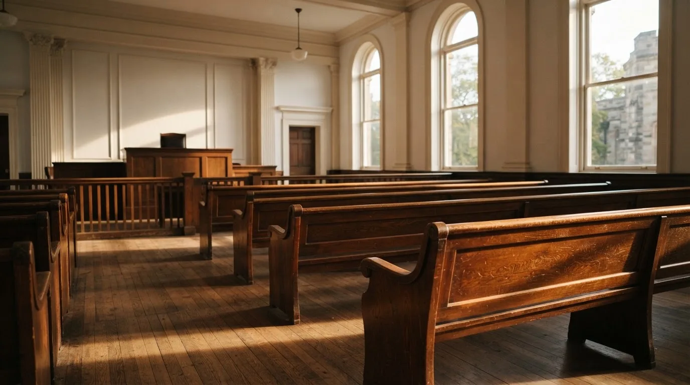 An empty courtroom with wooden benches in morning light